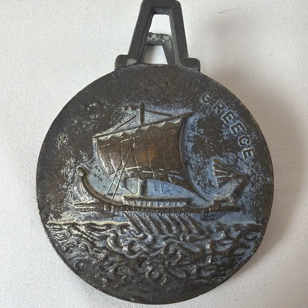 Antique Bronze Souvenir Olympia Greece Money Paper Clip Good Patina Ship